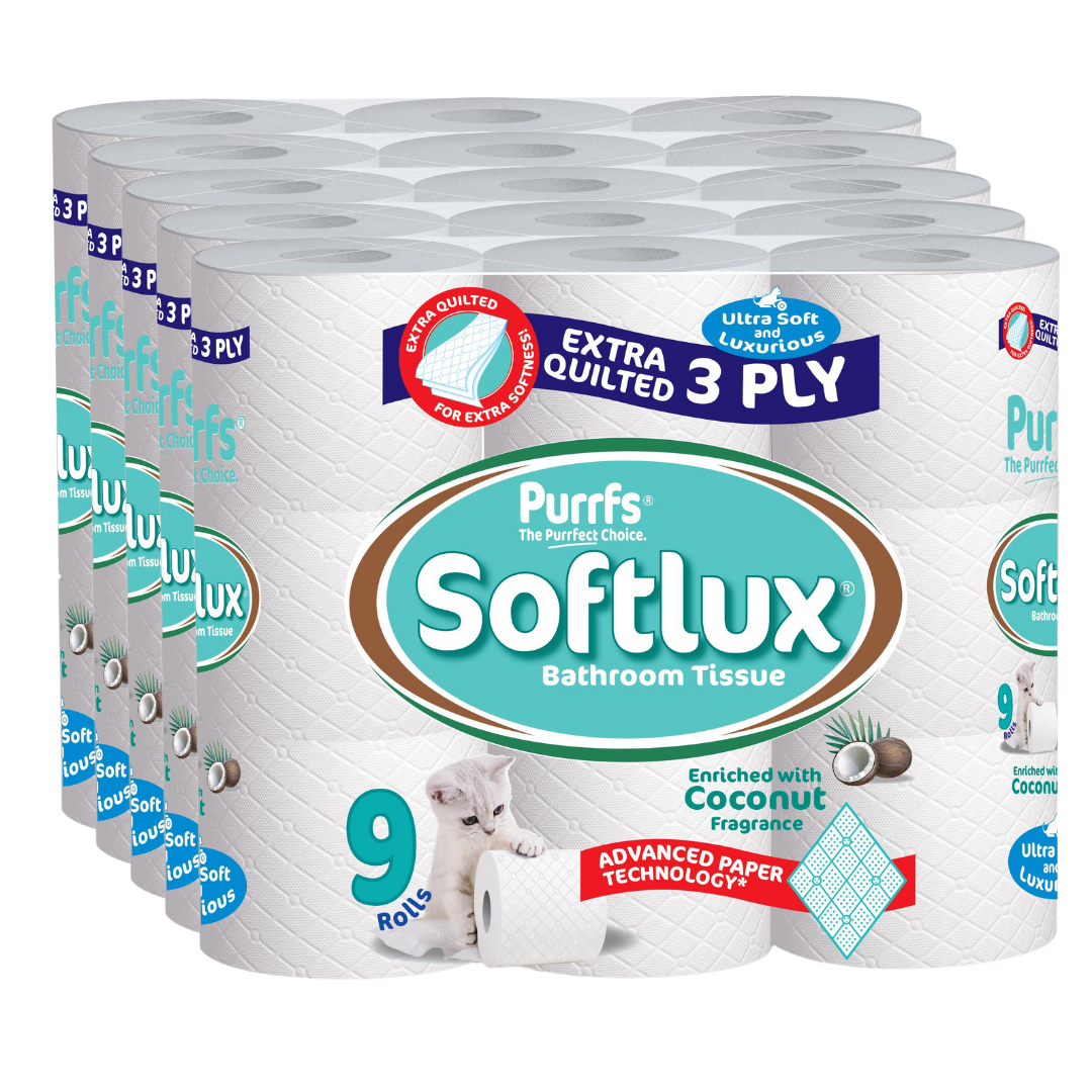 45 Softlux Purffs Coconut 3 Ply Soft Quality Bathroom Toilet Rolls (9 Rolls x 5) - Premium Quality Tissue Online - Product Image