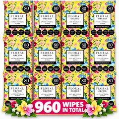 12 x Floral Orchid Anti-Bacterial Wipes 80 Wipes – Biodegradable, Plastic & Bleach Free