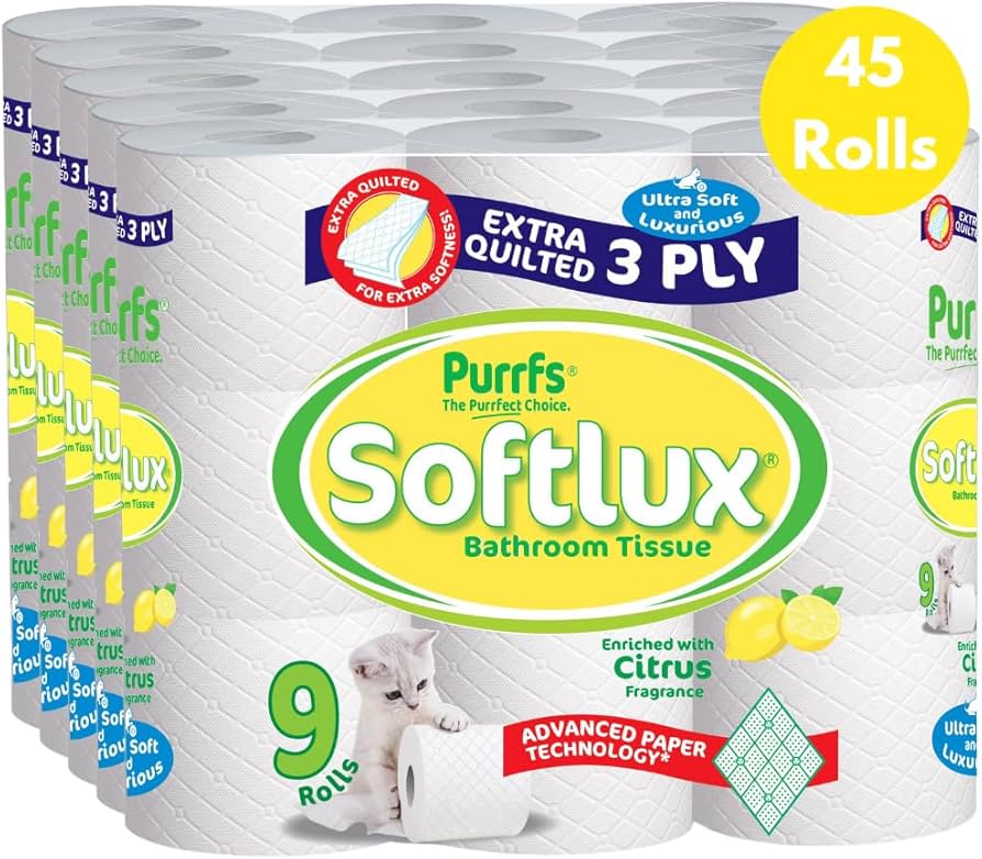 Pallet Deal: 48 x Softlux Purffs Citrus 3 Ply Soft Quality Bathroom Toilet Rolls 45 Rolls (9 x 5) - Premium Quality Tissue Online - Product Image