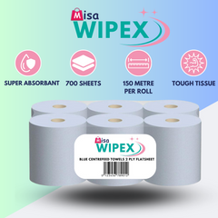 Wipex Blue Centrefeed Towels 2 Ply Flatsheet Roll 150 Metre / Roll (6 Rolls/Pallet Deal) - Premium Quality Tissue Online - Product Image