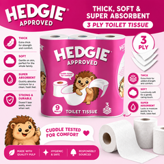 54 Rolls Hedgie Toilet Rolls 180 Quilted Tissue 3ply Sheets Per Rolls (6 x 9 Rolls)