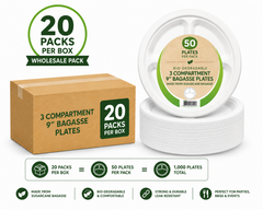 20 x 9” 3 Compartment Bagasse Plates 50 Pack – Eco Friendly Disposable Heavy Duty Party & Catering Plates