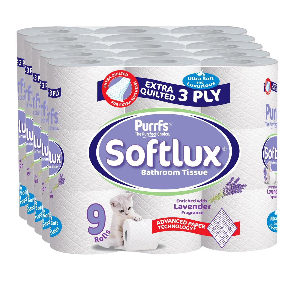 45 Softlux Purffs Lavender 3 Ply Soft Quality Bathrom Toilet Rolls (9 Rolls x 5) - Premium Quality Tissue Online - Product Image
