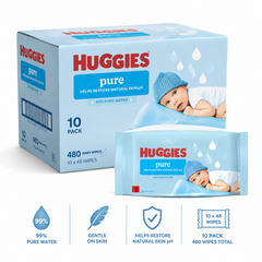 10 x Huggies 99% Pure Water Baby Wipes 48's Gentle, Fragrance Free & Sensitive Skin