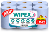 Wipex Blue Centrefeed Towels 2 Ply Flatsheet Roll 150 Metre / Roll (6 Rolls/) 5.15 kg