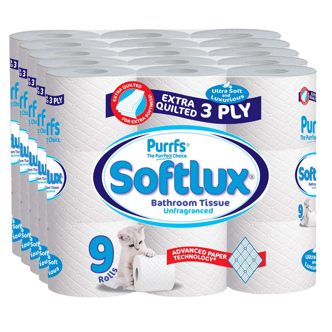 45 Softlux Purffs Unscented 3 Ply Soft Quality Bathroom Toilet Rolls (9 Rolls x 5) - Premium Quality Tissue Online - Product Image