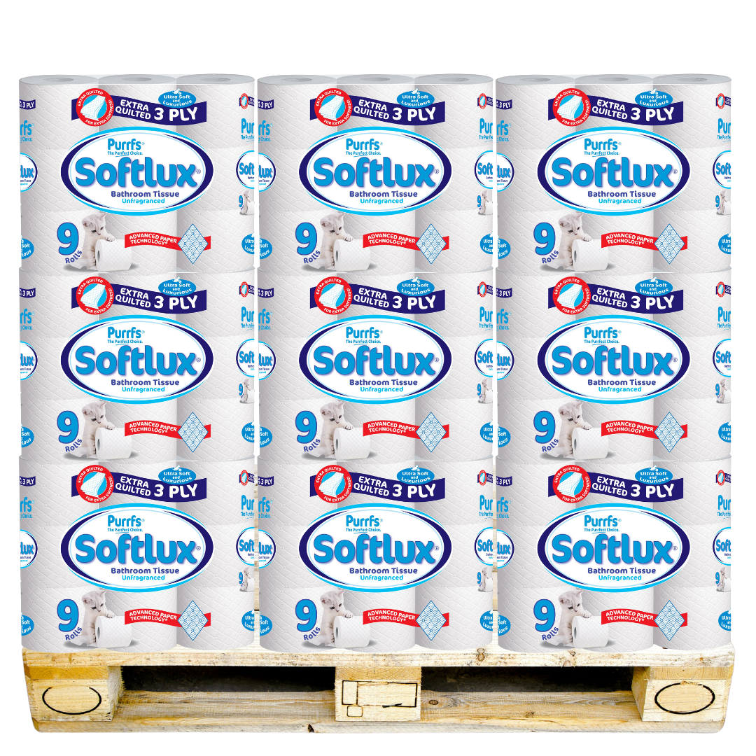 Pallet Deal: 48 x Softlux Purffs Unscented 3 Ply Soft Quality Bathroom Toilet Rolls 45 Rolls (9 x 5) - Premium Quality Tissue Online - Product Image
