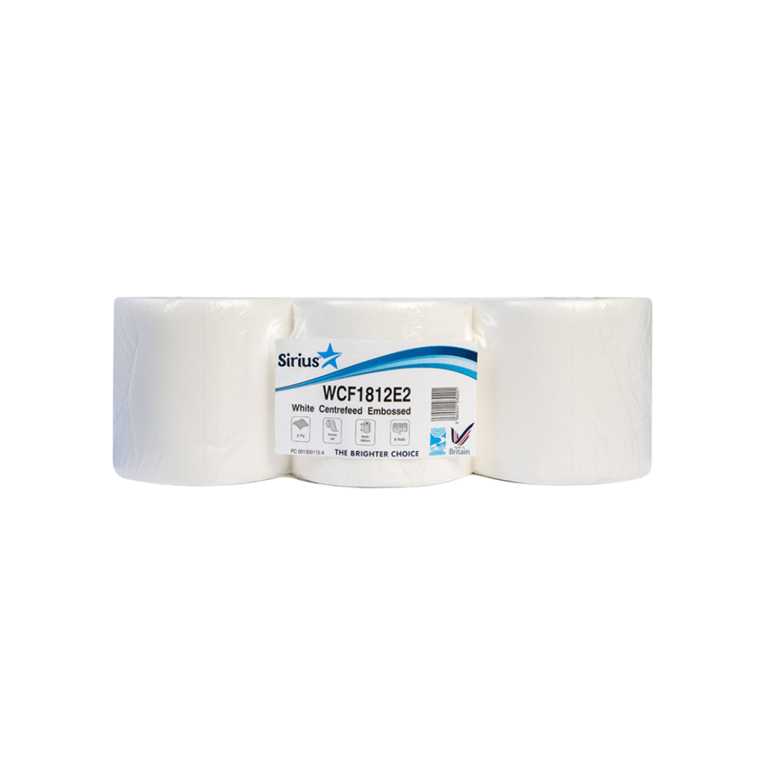 Sirius White Centrefeed Embossed Wiper Rolls 2PLY – 400 Sheet – 85m – 6 Rolls - Premium Quality Tissue Online - Product Image