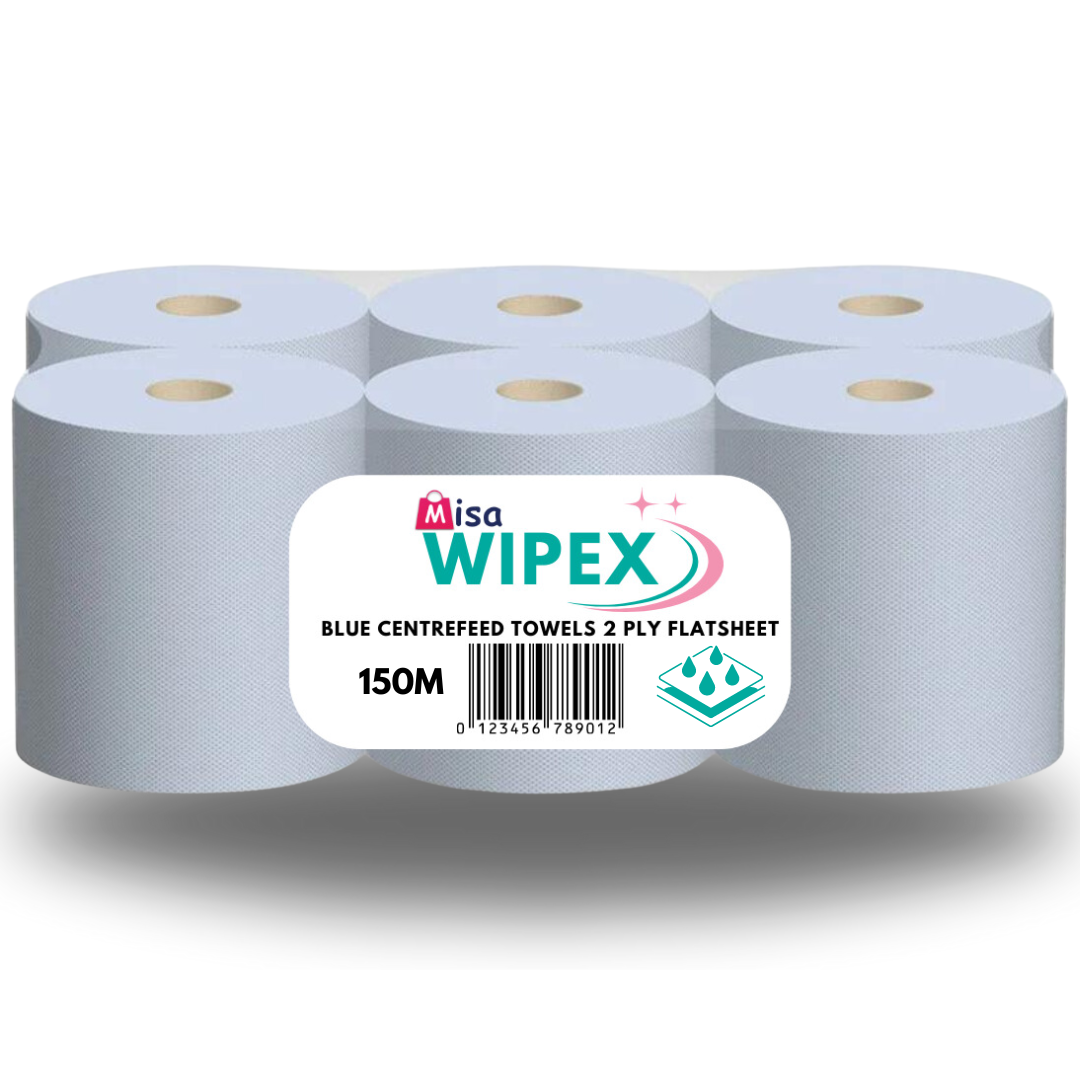 Wipex Blue Centrefeed Towels 2 Ply Flatsheet Roll 150 Metre / Roll (6 Rolls/Pallet Deal) - Premium Quality Tissue Online - Product Image