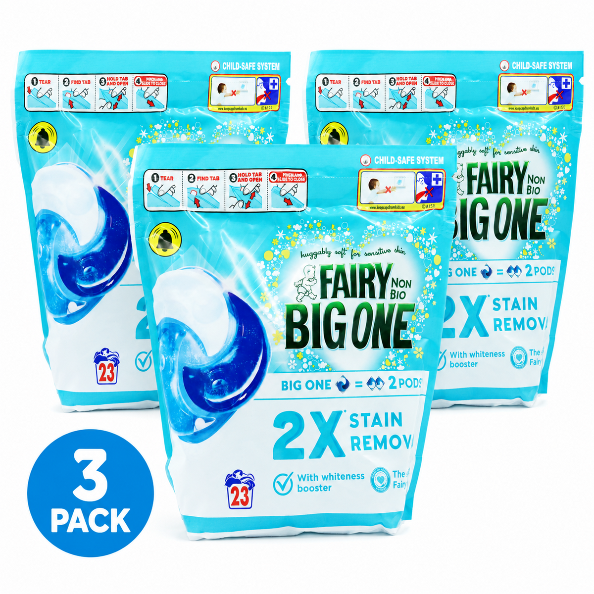3 x Fairy Non Bio Big One Washing Pods 23 Washes 2X Stain Removal & Gentle Care for Sensitive Skin