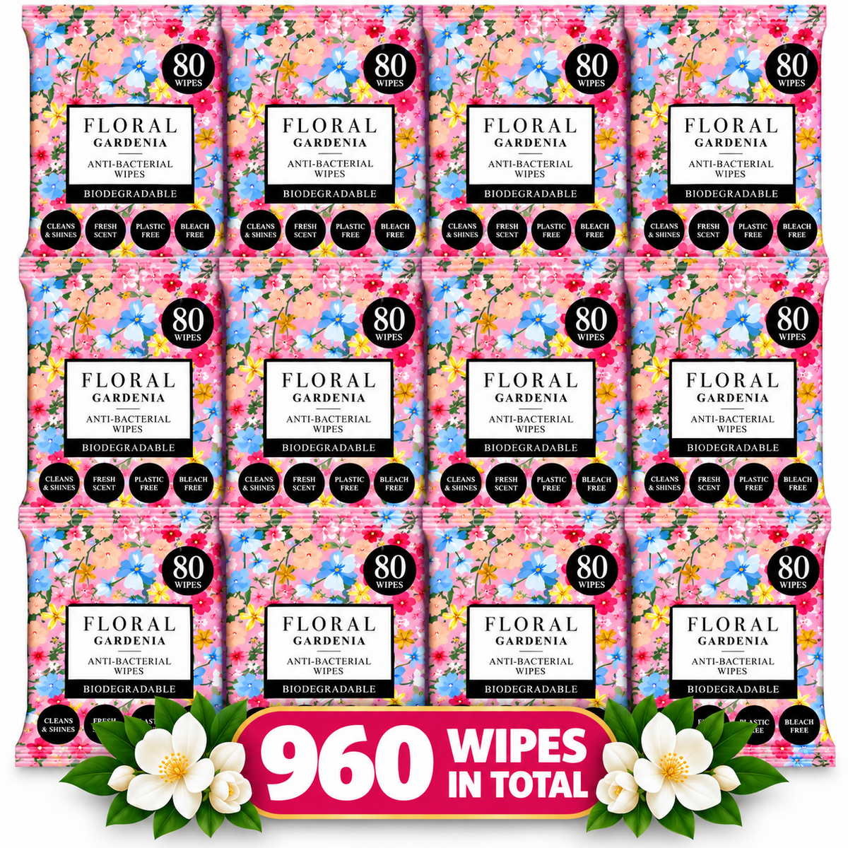 12 x Floral Gardenia Anti-Bacterial Wipes 80 Wipes – Biodegradable, Plastic & Bleach Free