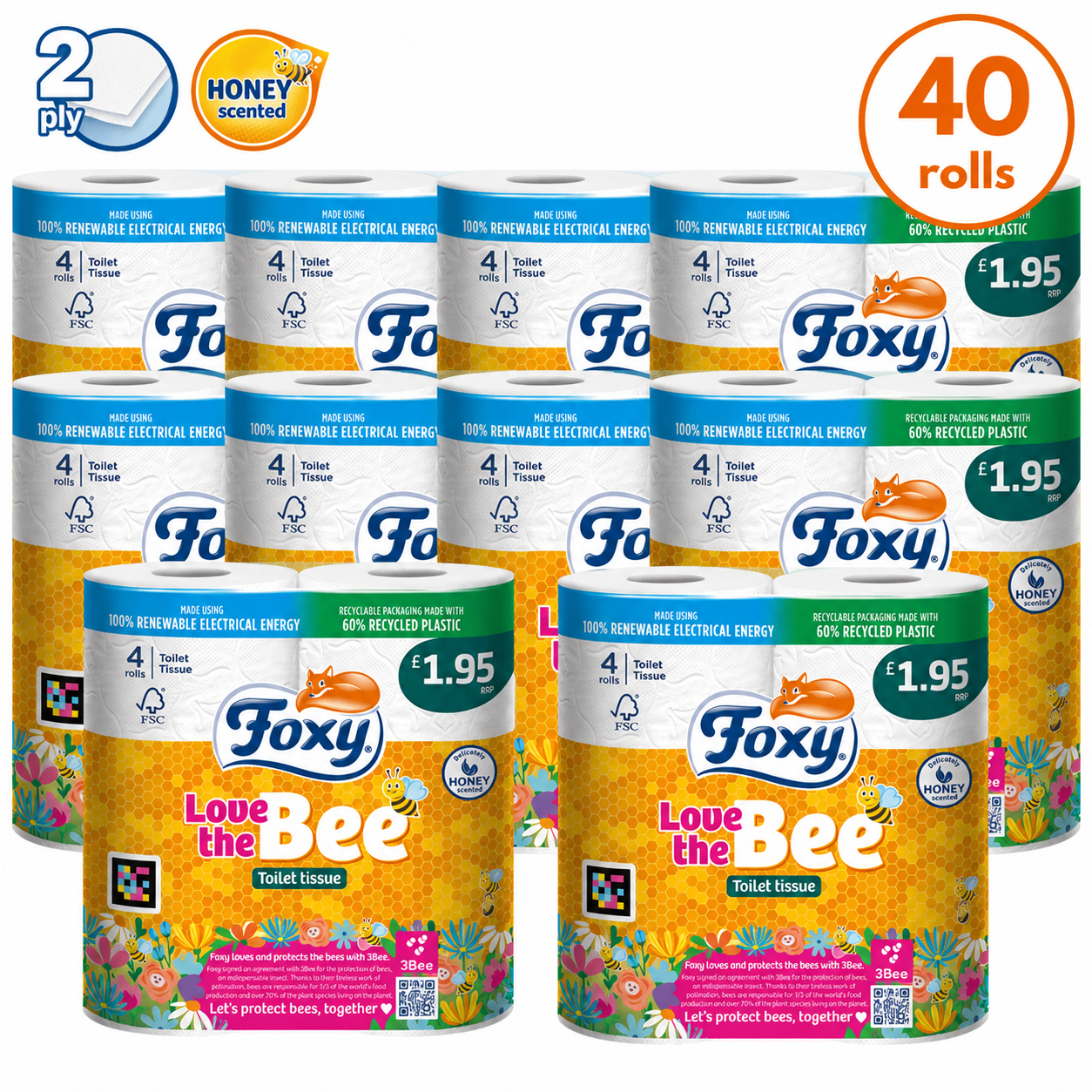 Foxy Love The Bee 2 Ply Toilet Roll (40 Rolls) | 170 Sheets Per Roll | Pure Cellulose | Clinicallt Tested | Absorbent & Resistant | Honey Core Scented