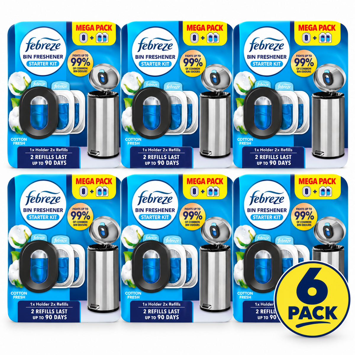 6 x Febreze Bin Freshener Starter Kit Cotton Fresh – Holder Inc 2 Refills