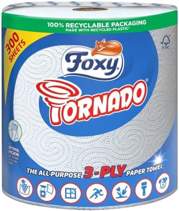 Foxy Tornado | 6 Rolls | 300 Sheets per roll | 3-ply Universal Roll | 100% FSC® Certified Paper | 100% Recyclable Packaging