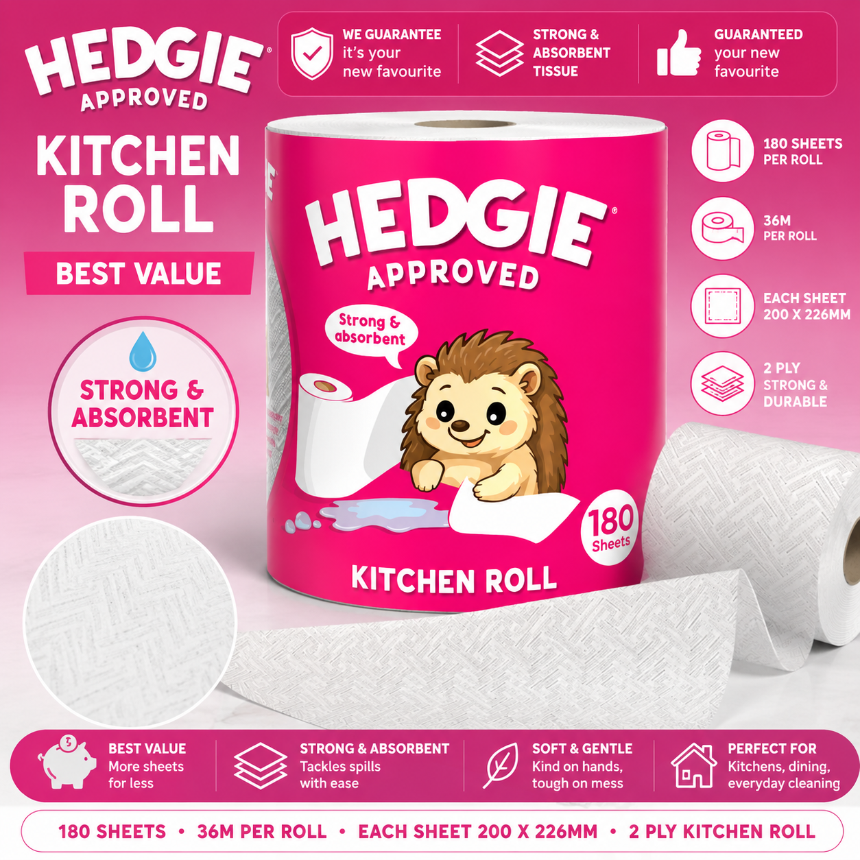 12 x Hedgie Kitchen Towels 2Ply Strong & Absorbent Tissue 180 Sheets (52p)