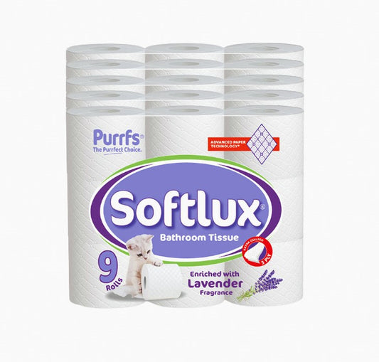 45 Softlux Purffs Lavender 3 Ply Soft Quality Bathrom Toilet Rolls (9 Rolls x 5)