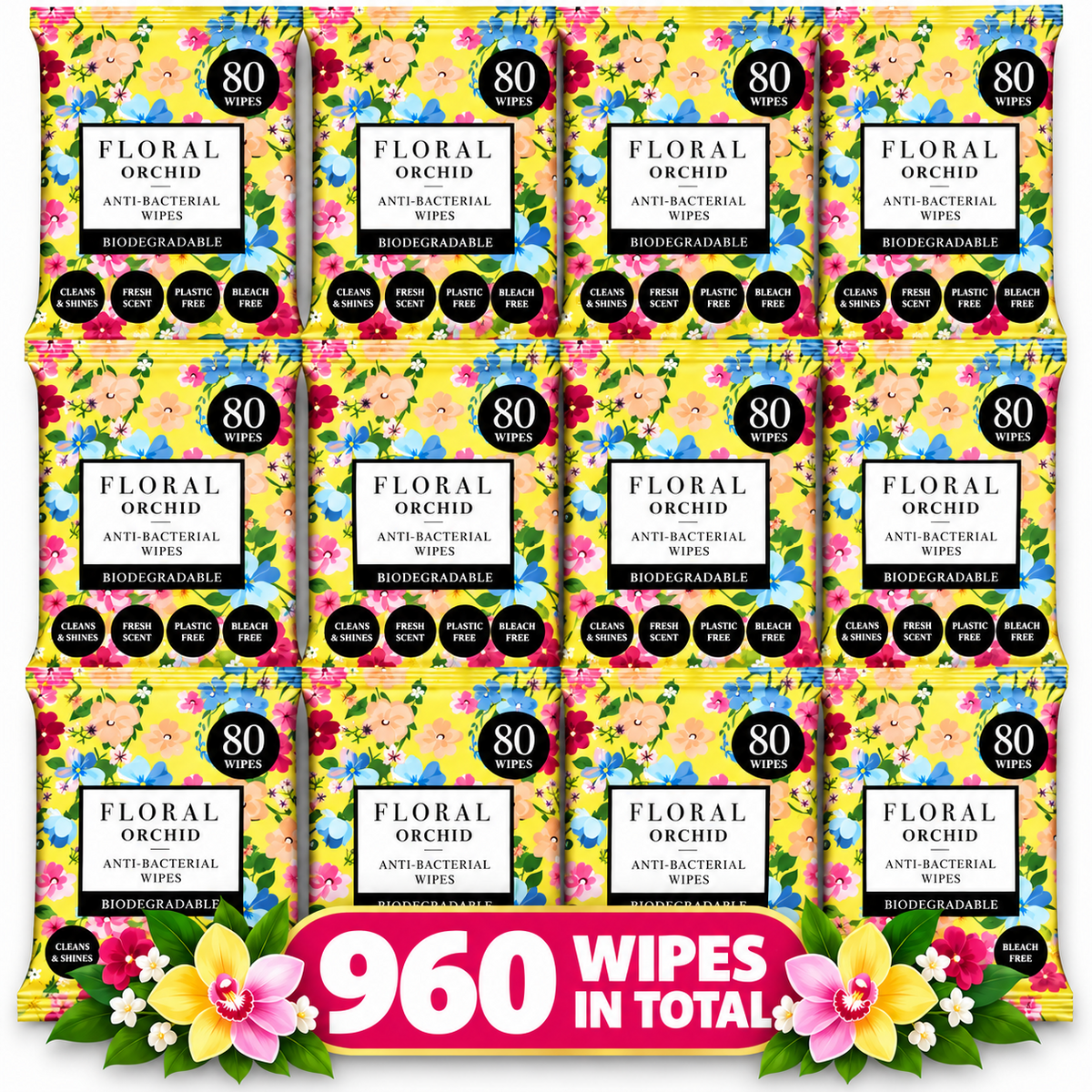 12 x Floral Orchid Anti-Bacterial Wipes 80 Wipes – Biodegradable, Plastic & Bleach Free