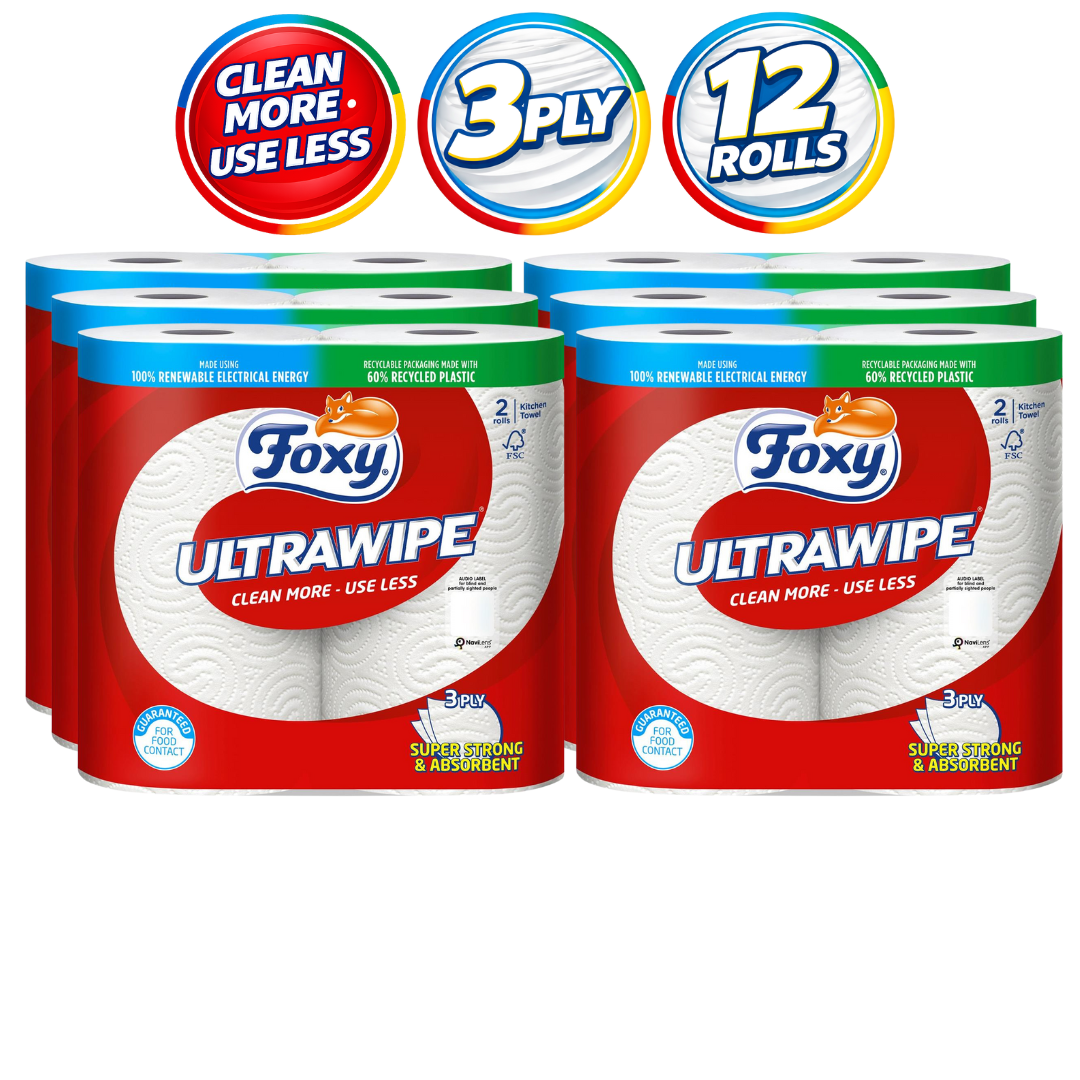 12 FOXY ULTRAWIPE KITCHEN TOWEL 3PLY 70SHEETS PER ROLL FSC® (6 X 2)