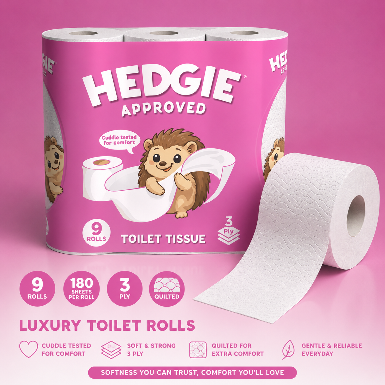 54 Rolls Hedgie Toilet Rolls 180 Quilted Tissue 3ply Sheets Per Rolls RRP £4.99 per 9 rolls