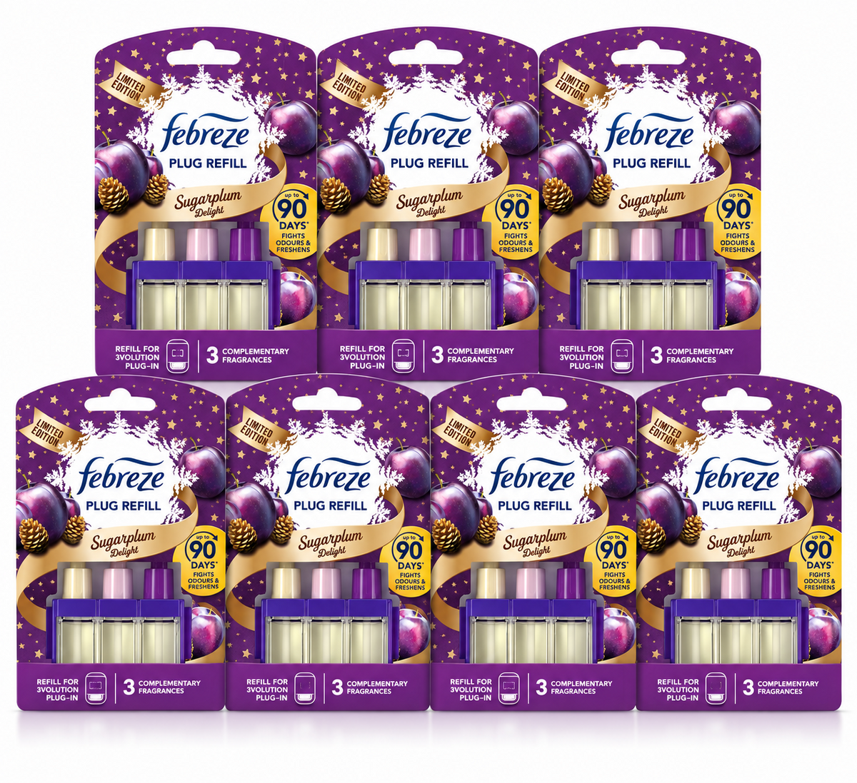 7 x Febreze Ambi Pur 3Volution Sugarplum Delight Plug-In Air Freshener Refill 20ml – Limited Edition – Up to 90 Days