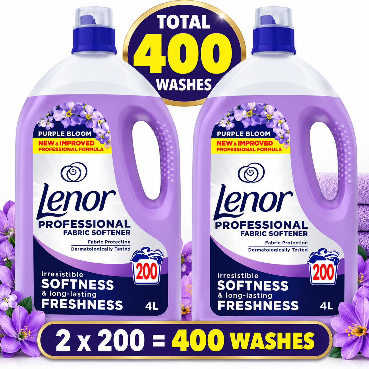 2 × Lenor Professional Fabric Conditioner – Purple Bloom, 4 L Each (200 Washes) – Bulk Pack