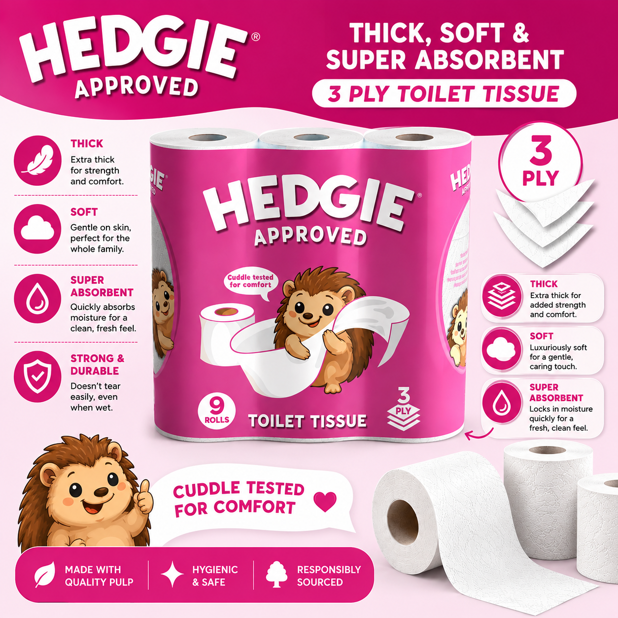 54 Rolls Hedgie Toilet Rolls 180 Quilted Tissue 3ply Sheets Per Rolls (6 x 9 Rolls)