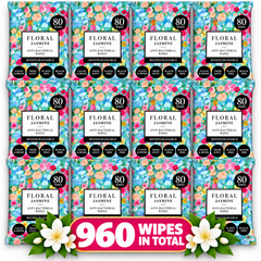 12 x Floral Jasmine Anti-Bacterial Wipes 80 Wipes – Biodegradable, Plastic & Bleach Free