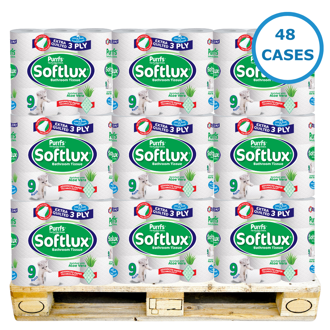  Pallet Deal: 48 x Softlux Purffs Aloe Vera 3 Ply Quality Soft Bathroom 45 Toilet Rolls (9 Rolls x 5) - Premium Quality Tissue Online - Product Image