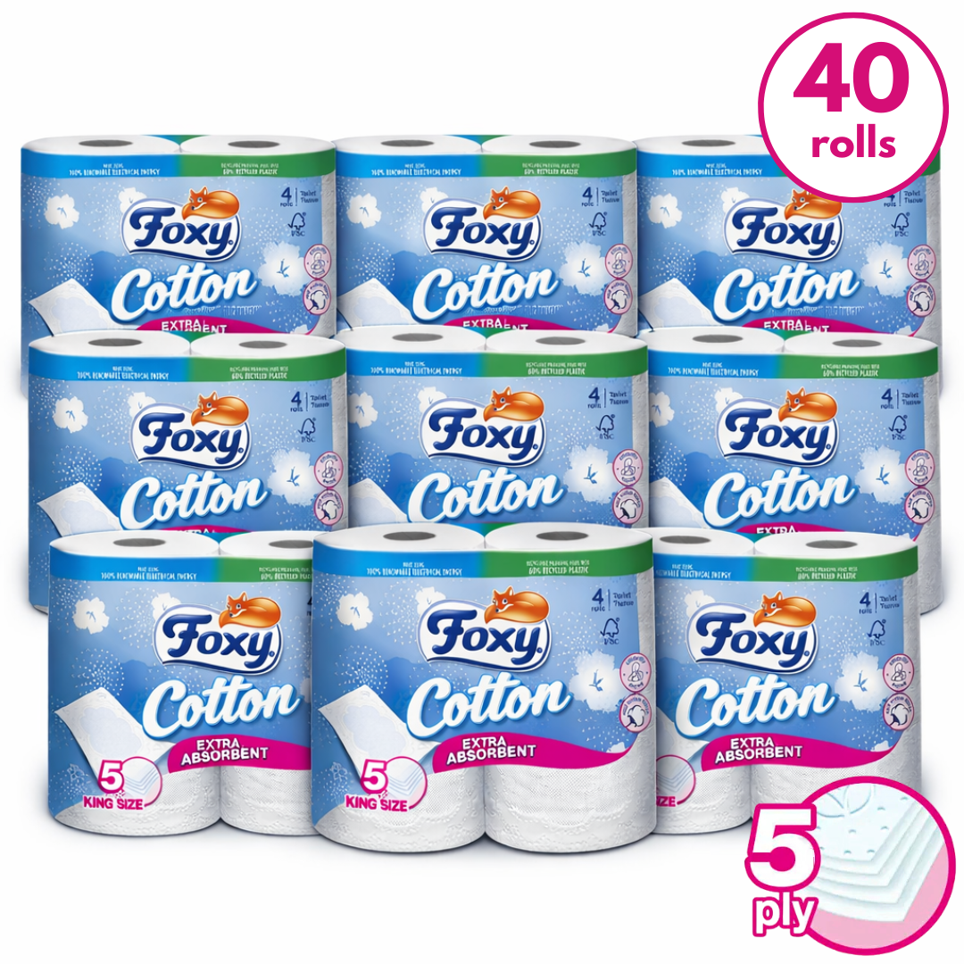 Foxy Cotton 5-Ply Toilet Paper – 40 Rolls (120 Sheets/Roll) | Extra Soft, Super Absorbent & FSC® Certified