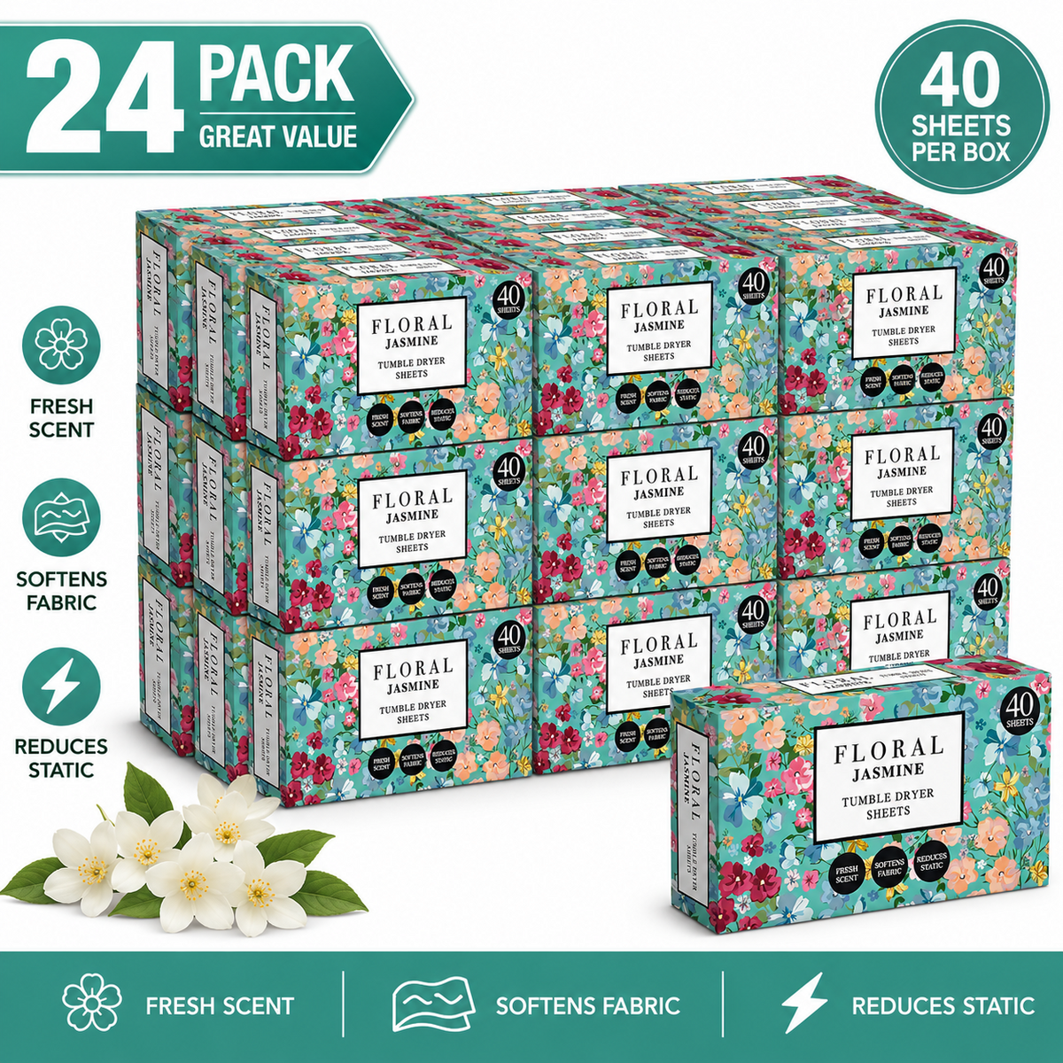 24 x Floral Tumble Dryer Sheets - 40pk - Jasmine