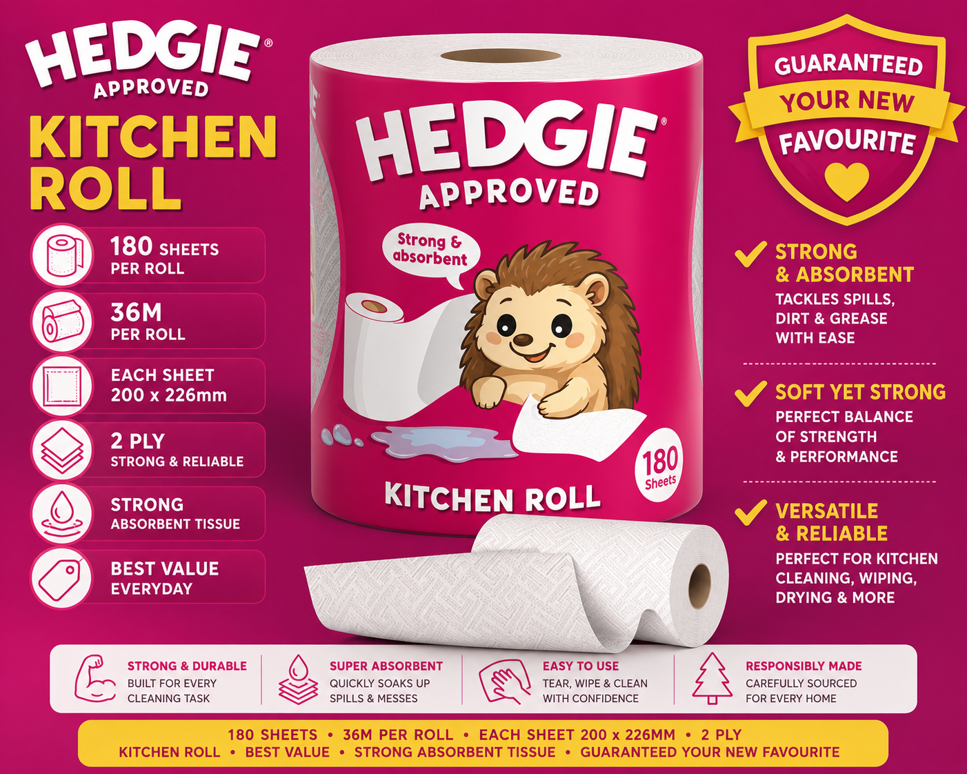 12 x Hedgie Kitchen Towels 2Ply Strong & Absorbent Tissue 180 Sheets (52p)