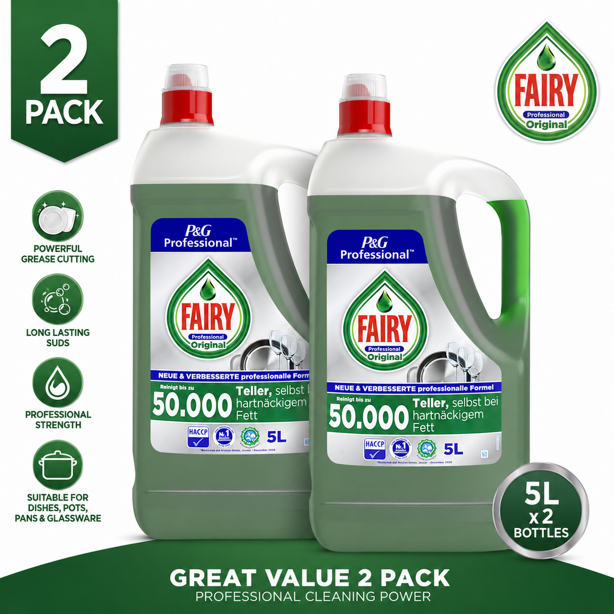 2 x Fairy Professional Original Washing Up Liquid 5L – Powerful Grease Cleaning Dish Soap for Kitchens