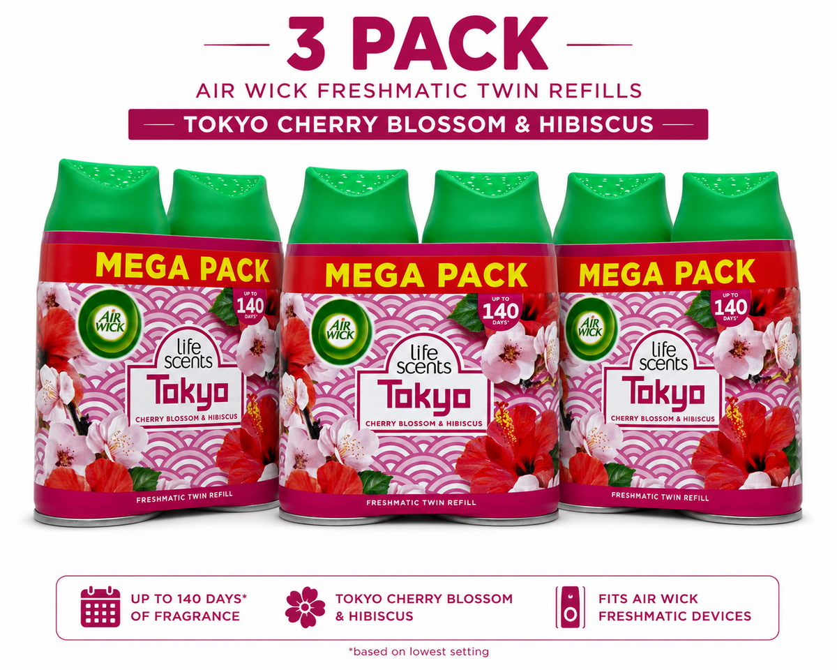 3 x Air Wick Freshmatic Refills Twin Pack 250ml – Tokyo Cherry Blossom & Hibiscus – Automatic Air Freshener Spray – 6 Refills Total