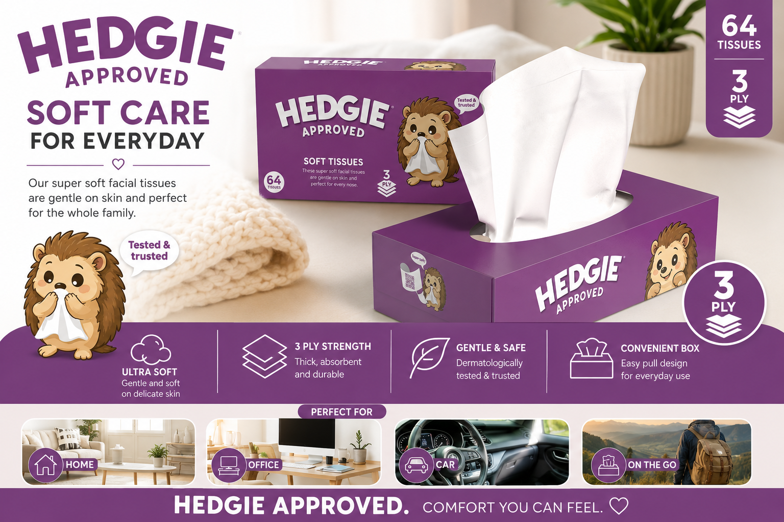 21 x Hedgie Soft Facial Tissue Box 64 Sheets 3 Ply Family Size Napkin (40p per Box)