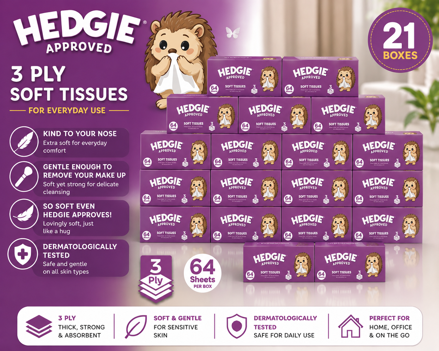 21 x Hedgie Soft Facial Tissue Box 64 Sheets 3 Ply Family Size Napkin (40p per Box)