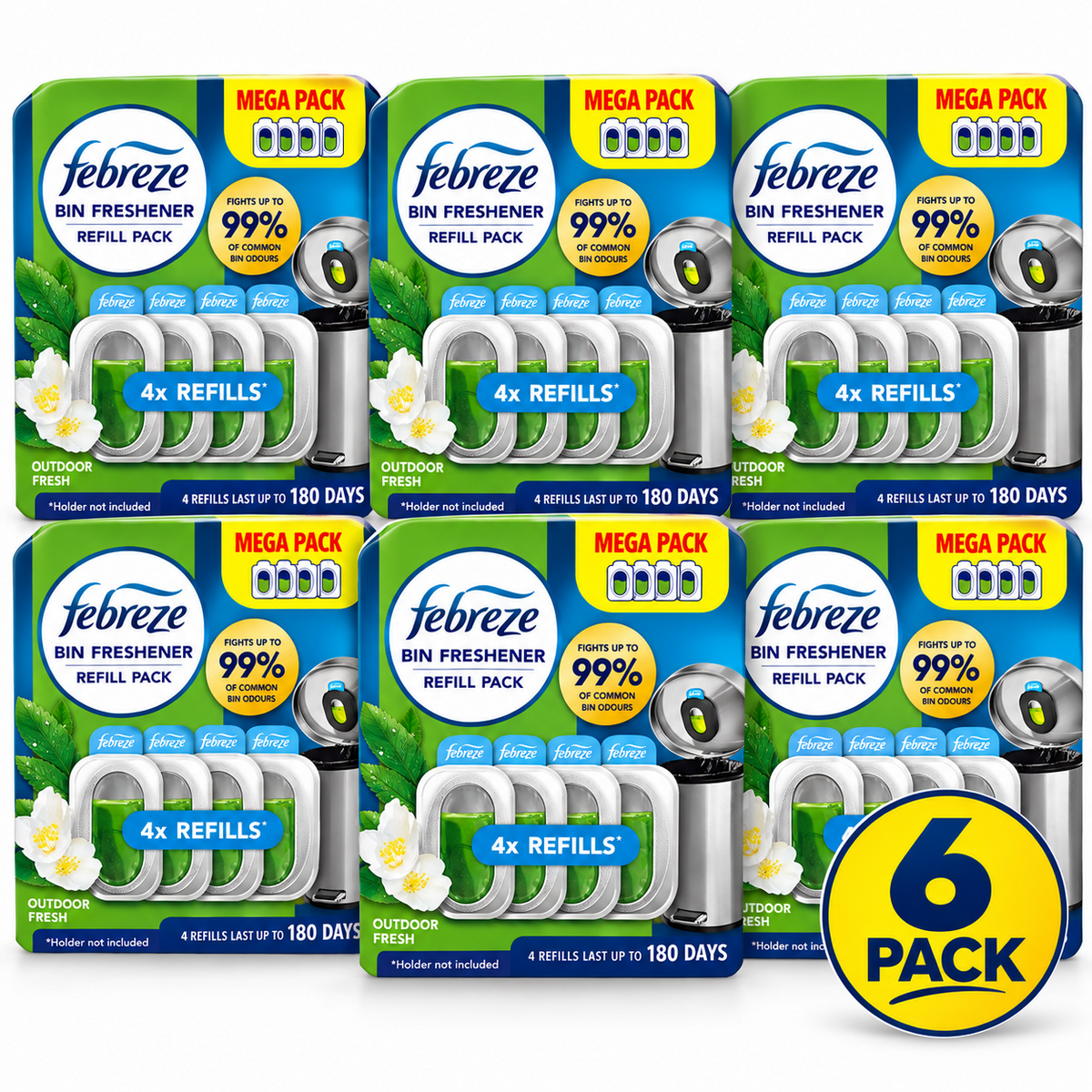 6 x Febreze Bin Freshener Refill Pack Outdoor Fresh – 4 Refills – Up to 180 Days Freshness