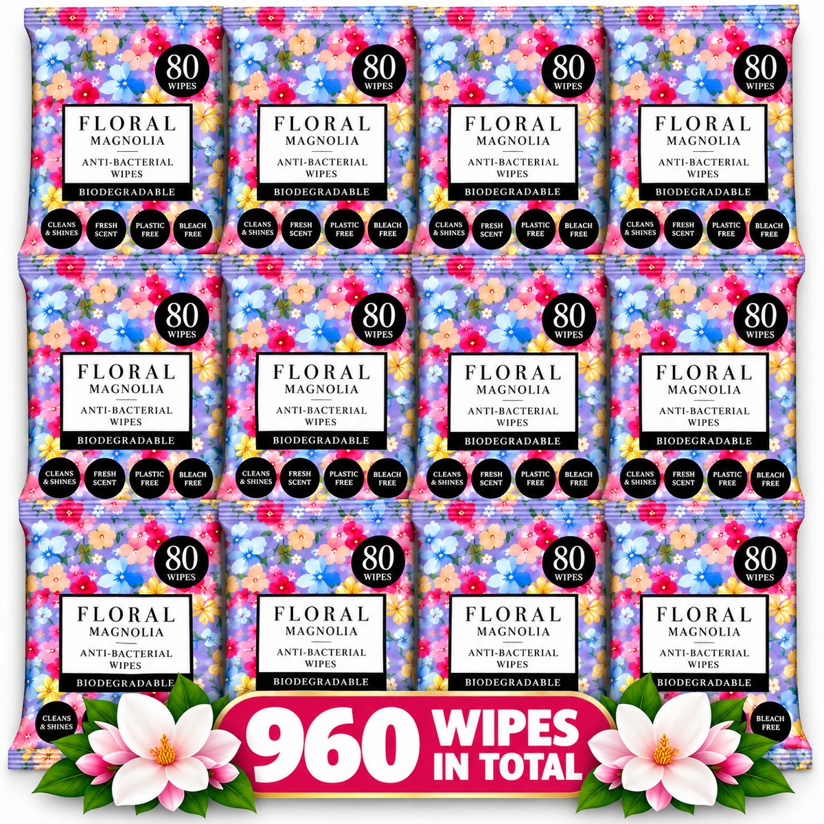 12 x Floral Magnolia Anti-Bacterial Wipes 80 Wipes – Biodegradable, Plastic & Bleach Free