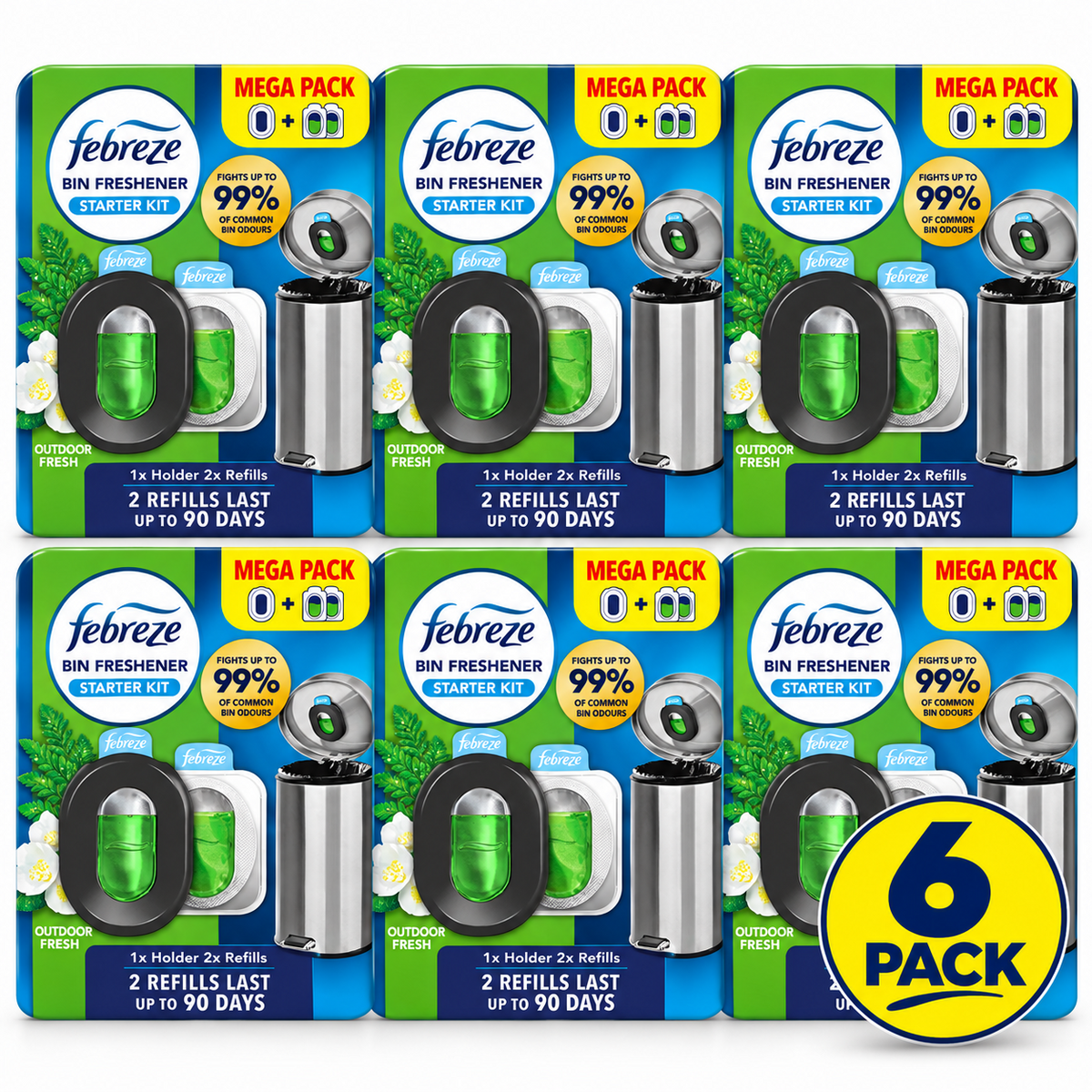 6 x Febreze Bin Freshener Starter Kit Outdoor Fresh – Holder + 2 Refills