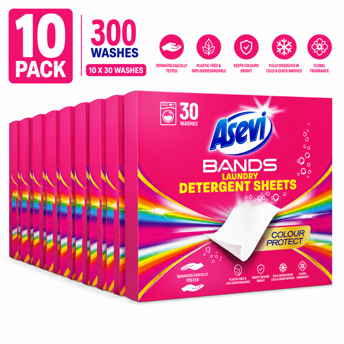 10 x Asevi Bands Laundry Detergent Sheets Colour Protect 30s
