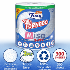 Foxy Tornado | 6 Rolls | 300 Sheets per roll | 3-ply Universal Roll | 100% FSC® Certified Paper | 100% Recyclable Packaging