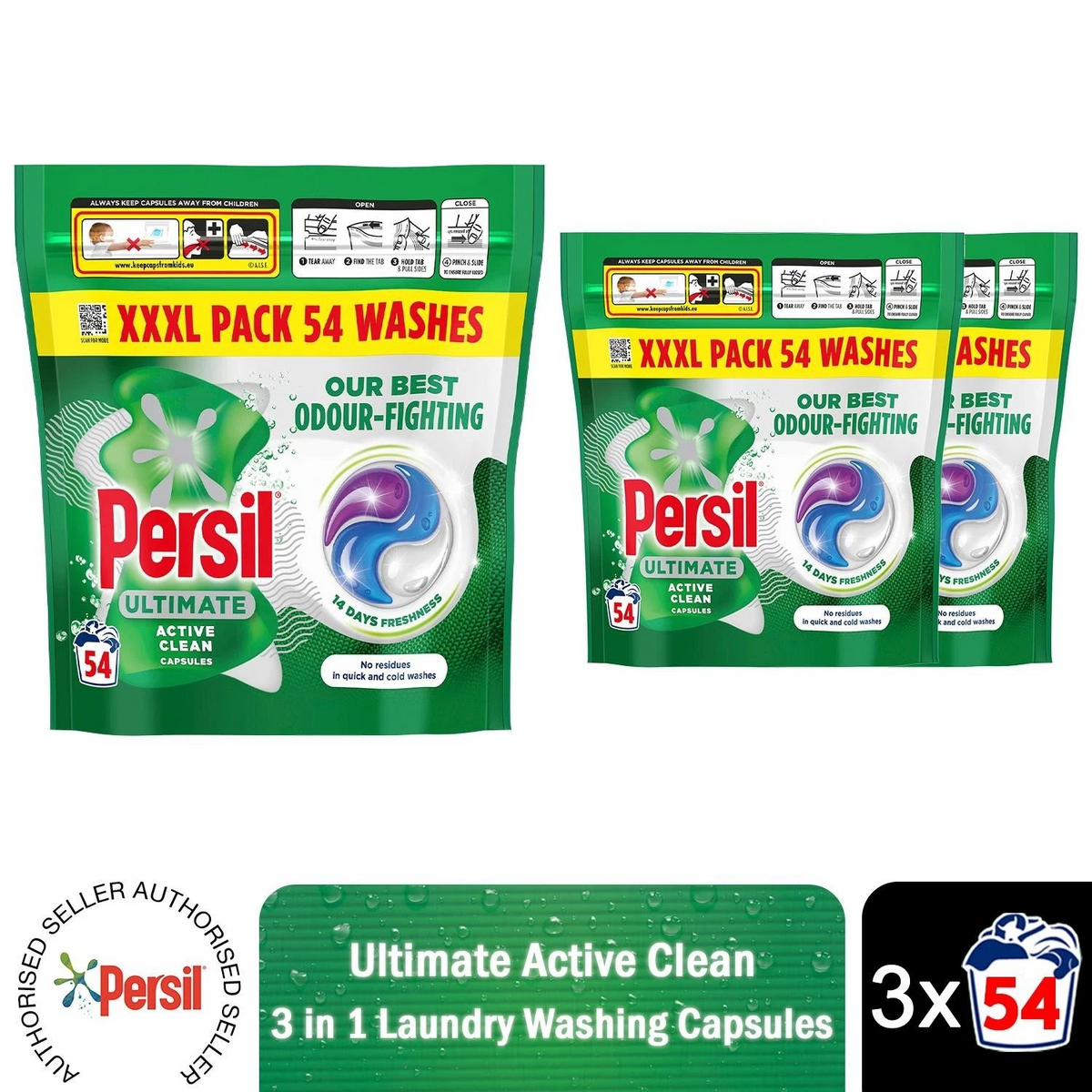 3 x Persil Ultimate Washing Capsules Active Clean Stain Removal 54 Washes (162 Wash)