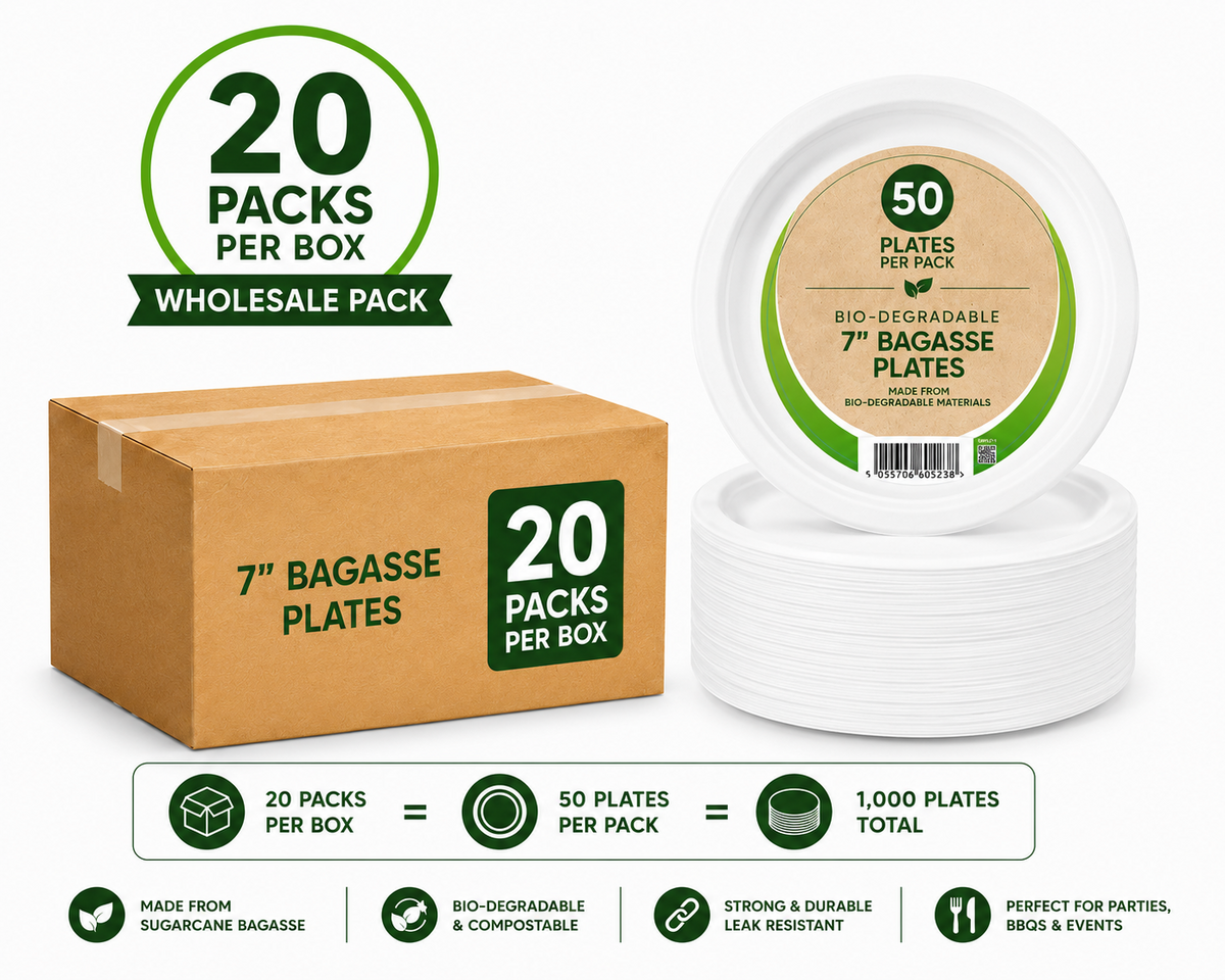 20 x 7” Bagasse Plates 50 Pack – Eco Friendly Heavy Duty Disposable Party & Catering Plates