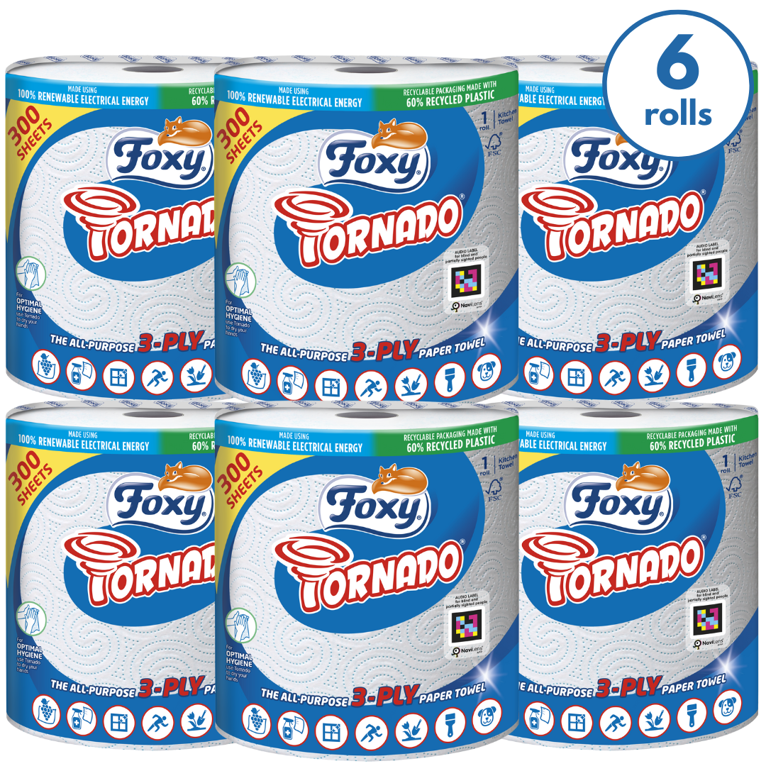 Foxy Tornado | 6 Rolls | 300 Sheets per roll | 3-ply Universal Roll | 100% FSC® Certified Paper | 100% Recyclable Packaging