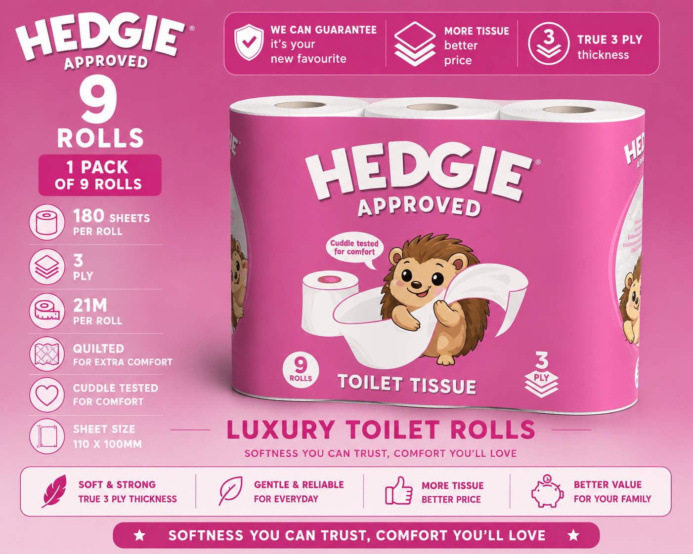 54 Rolls Hedgie Toilet Rolls 180 Quilted Tissue 3ply Sheets Per Rolls RRP £4.99 per 9 rolls