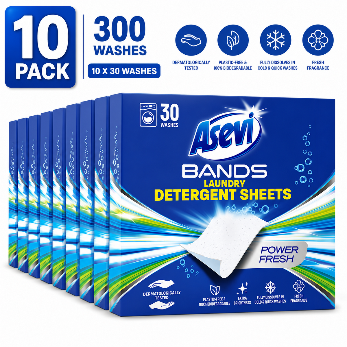 10 x Asevi Bands Laundry Detergent Sheets Power Fresh 30s