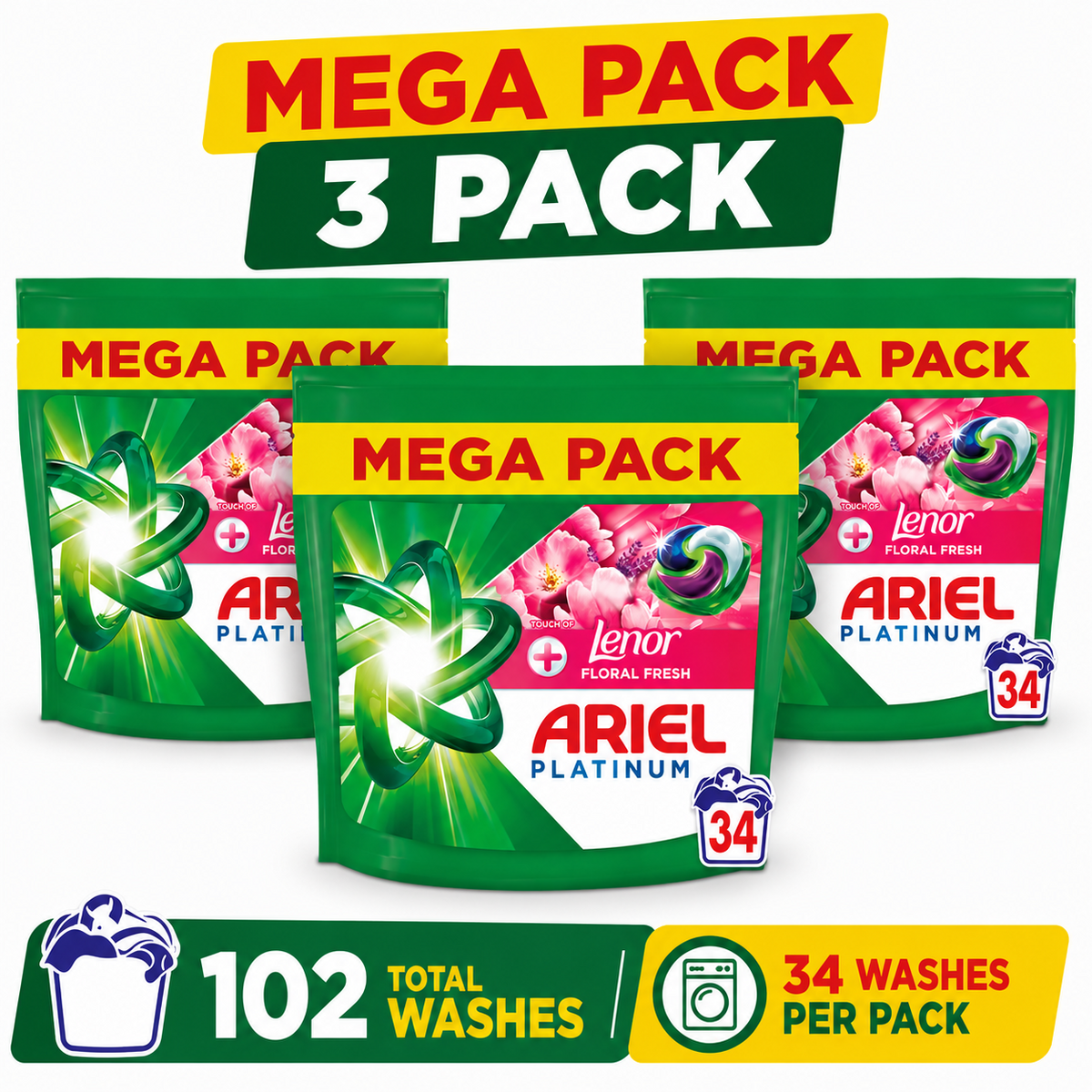 3 x Ariel Platinum Pods Laundry Capsules 34 Washes – Lenor Floral Fresh Scent Washing Detergent Mega Pack