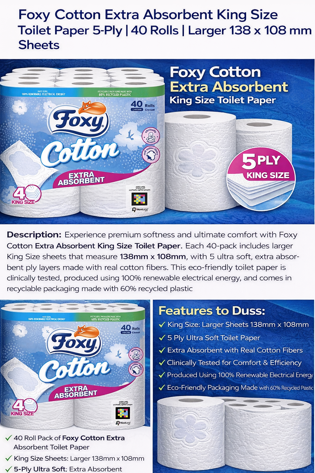 Foxy Cotton 5-Ply Toilet Paper – 40 Rolls (120 Sheets/Roll) | Extra Soft, Super Absorbent & FSC® Certified
