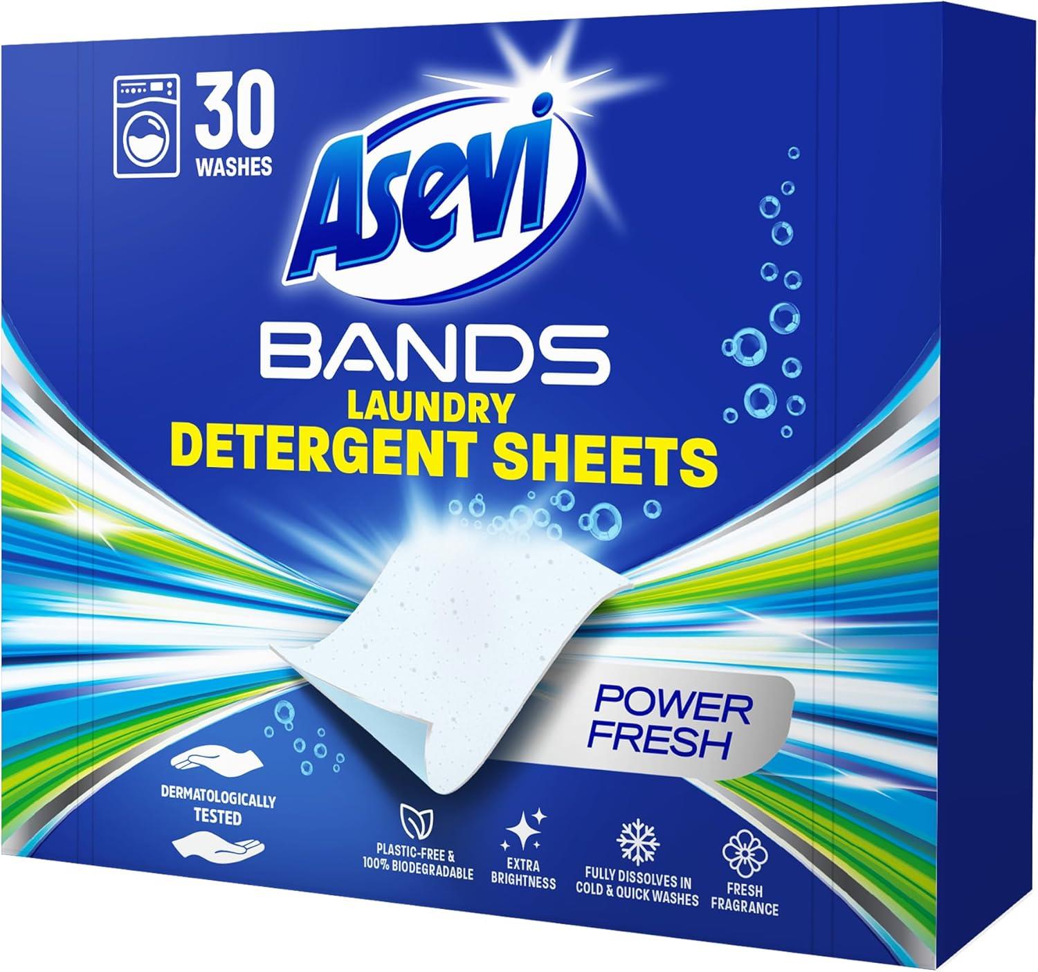 10 x Asevi Bands Laundry Detergent Sheets Power Fresh 30s