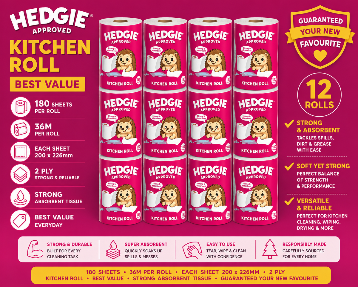 12 x Hedgie Kitchen Towels 2Ply Strong & Absorbent Tissue 180 Sheets (52p)