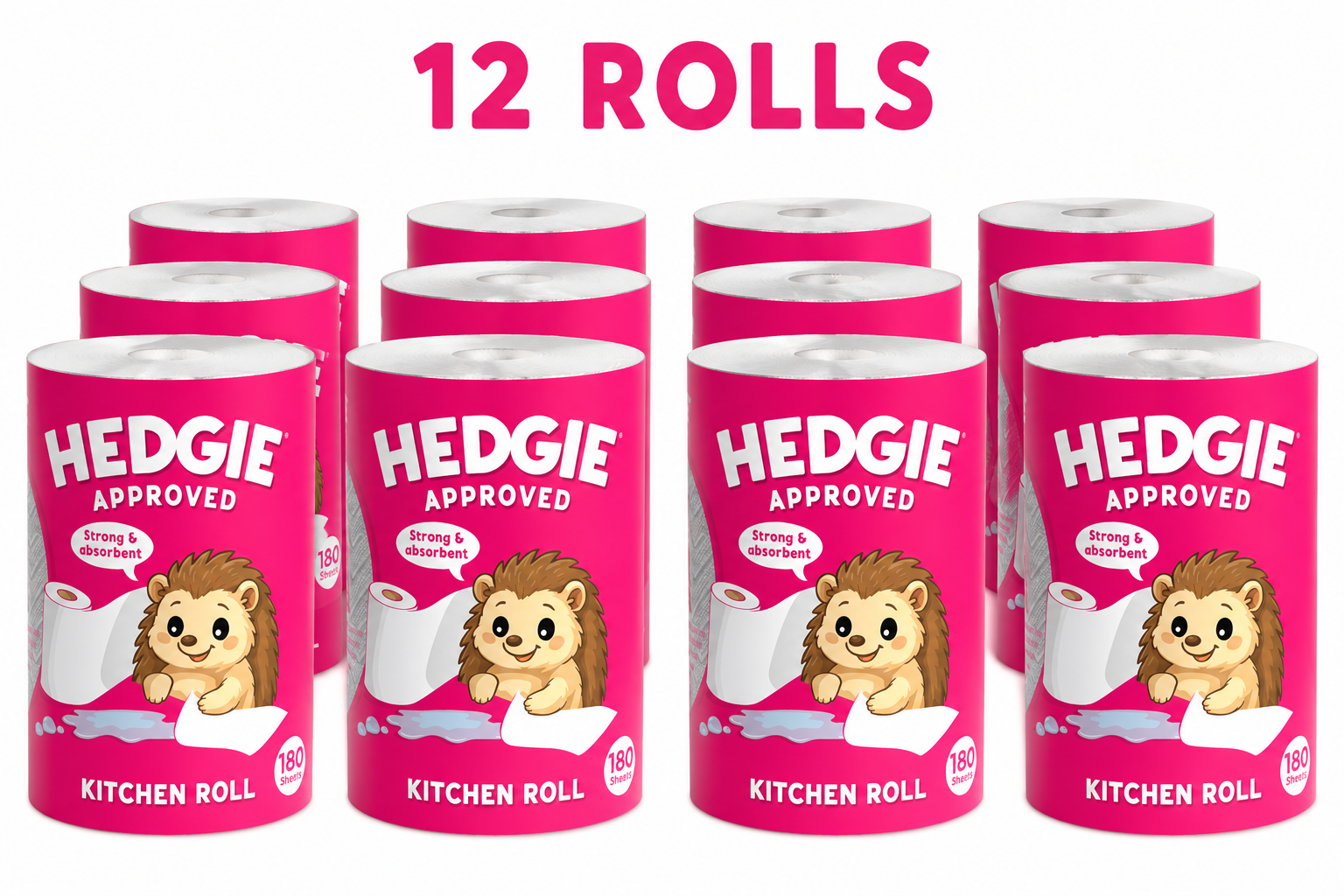 12 x Hedgie Kitchen Towels 2Ply Strong & Absorbent Tissue 180 Sheets (52p)